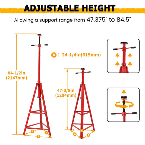 Rugged Adjustable Under Hoist Tripod Stand Built Like A Tank With Heavy Duty Steel And Quick Screw Adjustment For High Lift 2 Ton Automotive Shop Support with adjustable height from 47.375 to 84.5 inches.