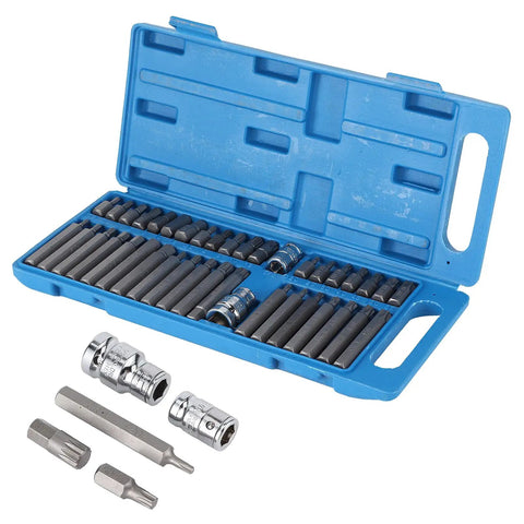 40 Piece Star Spline Hex Socket Bit Set With One Half Inch And Three Eighth Inch Square Drive in blue toolbox for repairs