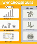 Comparison image highlighting 1000 Piece Rust Resistant Carbon Steel Mini Screw Kit With Phillips Pan Heads For Electronics Repair And Gadget Fixes M1.6 To M3.