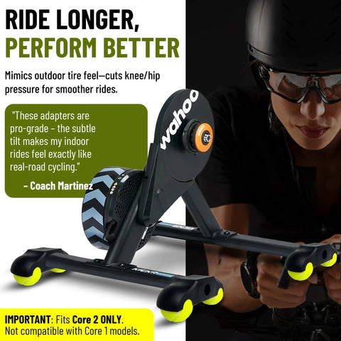 Wahoo bike trainer with Rocker Feet Adapters With Tennis Balls 4 Pack For Kickr Core V2 Indoor Bike Trainers, focus on stability.