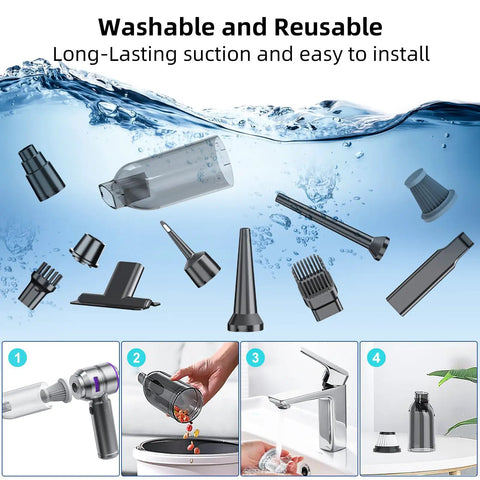 Cordless Car Vacuum Cleaner With 22000 Pa High Power Suction 4 In 1, attachments floating in water, washable, reusable