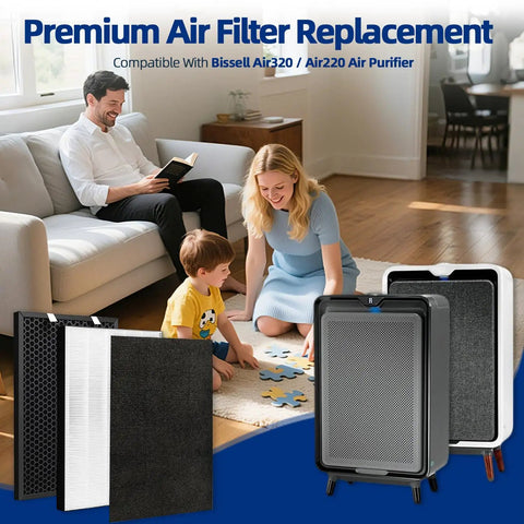 Replacement Filter Set Fits Bissell Air Purifiers Air220 And Air320 shown with family playing in a living room