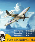 3 Channel RC Plane Spitfire Fighter in flight over ocean with stars ratings for beginners, showcasing easy flying and durability.
