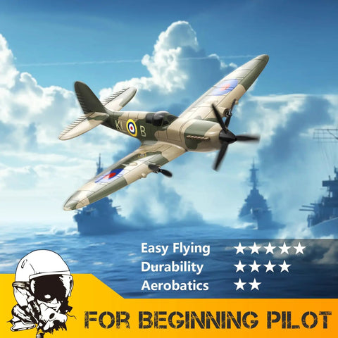 3 Channel RC Plane Spitfire Fighter in flight over ocean with stars ratings for beginners, showcasing easy flying and durability.