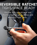 Using Ratchet Rocket Lite DX Bike Multitool With 16 Functions, fine-tooth ratchet in tight space on a bike frame.