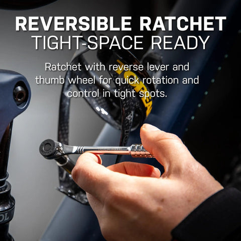 Using Ratchet Rocket Lite DX Bike Multitool With 16 Functions, fine-tooth ratchet in tight space on a bike frame.