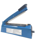 Smooth Operator Eight Inch Manual Impulse Heat Sealer For Plastic Film Mylar And Shrink Wrap Bags Plug And Play Quick Seal Machine close-up view of blue sealer.