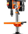 Knockout 10 Inch Benchtop Drill Press With 5 Variable Speeds Up To 3100 Rpm, 3.2 Amp Motor, Built In Laser Guide, Half Inch Keyless Chuck And Solid Cast Iron Table For Badass Weekend Warrior Shops in black and orange.