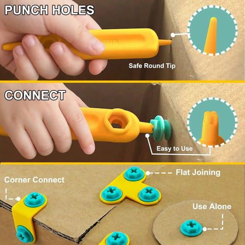 Hands using tools from Cardboard Tools Kit For Kids With Cutter And Tool Box, 149 Piece Cardboard Construction Set For Family Fun Projects, STEM Educational Toy Gift For Boys And Girls Aged 5 Plus, Endless Creative Build Fun on cardboard.