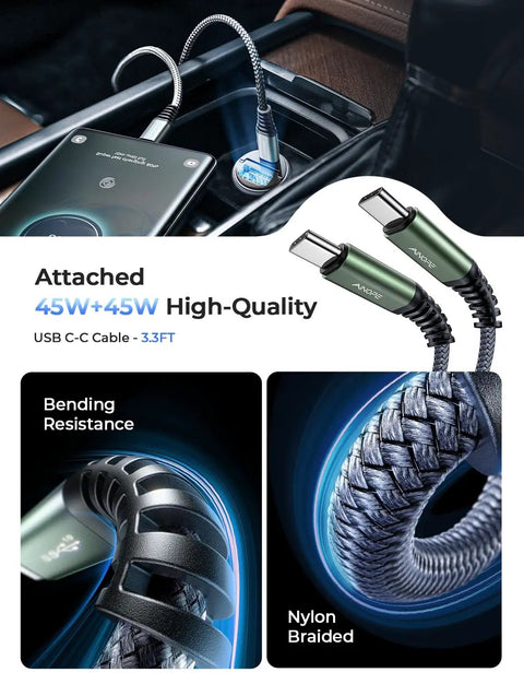 High Performance 90W Dual Usb C Car Charger PD QC Fast Charging Adapter Juices Up Phones And Tablets Smooth Road Trip Ready Dual Port Lighter Socket Power Boost with braided USB C cable.