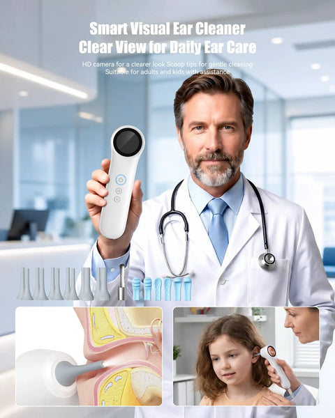 1080P Ear Camera With Light For Easy Home Checks Otoscope For Adults And Kids 1.21 Inch IPS Screen With Four Adjustable LEDs Real Time Preview Without Phone Ear Wax Removal Tool For Clear Visibility, doctor holding device