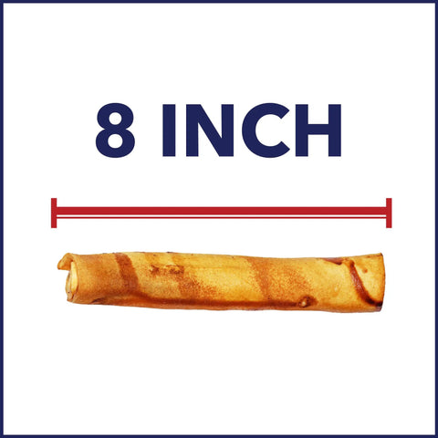 8-inch rawhide dog chew treat from 100% Made In USA Beefhide 8-Inch Rolls Chew Treats For Dogs Beef And Chicken Flavor 10 Count Pack