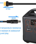 XT60 To 8mm Adapter Cable 14AWG DC8020 Power Connector next to power station with labels showing XT60 and 8020 ends