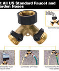 Solid Brass Garden Hose Splitter Tee Adapter Fits 3/4 Inch Fittings Includes Rubber Gasket And Teflon Tape For Smooth Two Way Flow on outdoor faucet.