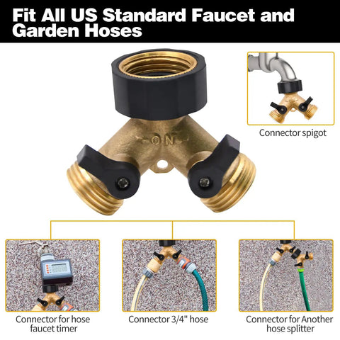 Solid Brass Garden Hose Splitter Tee Adapter Fits 3/4 Inch Fittings Includes Rubber Gasket And Teflon Tape For Smooth Two Way Flow on outdoor faucet.