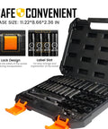 Open case displaying beefy quarter inch drive impact socket set with sixty pieces for SAE and metric deep and shallow sockets, E Torx.