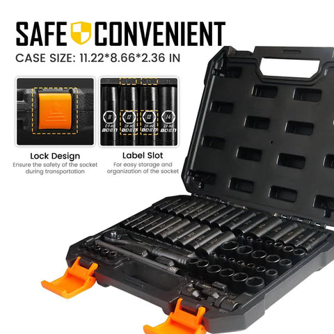 Open case displaying beefy quarter inch drive impact socket set with sixty pieces for SAE and metric deep and shallow sockets, E Torx.