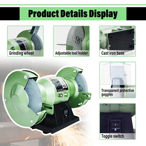 Premium Heavy Duty Dual Wheel Bench Grinder Featuring Sturdy Eye Protection Shields, showing grinding wheels and adjustable tool holder.