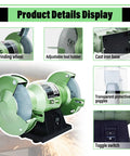 No Fuss Compact Bench Grinder With Built In Knife Sharpener And Heavy Duty Safety Shields For Fast Metal Grind And Legit Weekend Projects Alongside Five And Six Inch Aluminum Oxide Pads For Tight Workshops, featuring grinding wheel, adjustable tool holder, and toggle switch.