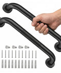 Rock Solid 16 Inch Wall Mount Handrail Matte Black Steel Pipe Grab Bar with grip in hand, includes mounting screws.