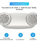 Front view of 4 Pack LED Emergency Lights With Battery Backup For Business, Dual Bug Eye Heads Adjustable, UL 924 Certified, on white background.