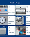 Detailed design features of Pro Grade Pneumatic Liquid Filling Machine For Bottles, including control switch and air pressure gauge.