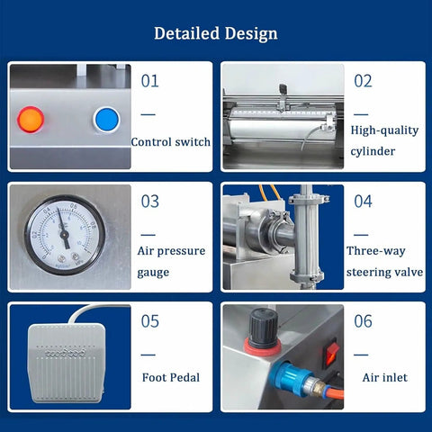 Detailed design features of Pro Grade Pneumatic Liquid Filling Machine For Bottles, including control switch and air pressure gauge.