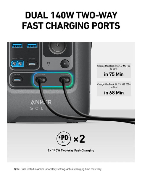 Close-up of charging ports and cables on C300 DC Portable Power Station 288Wh LiFePO4 Battery 300W Solar Generator for camping.