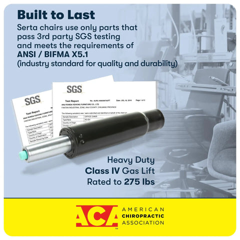 Gas lift testing document with heavy duty Class IV lift, ACA logo; related to Garret Executive Office Chair With Ergonomic Mid Back And Lumbar Support.
