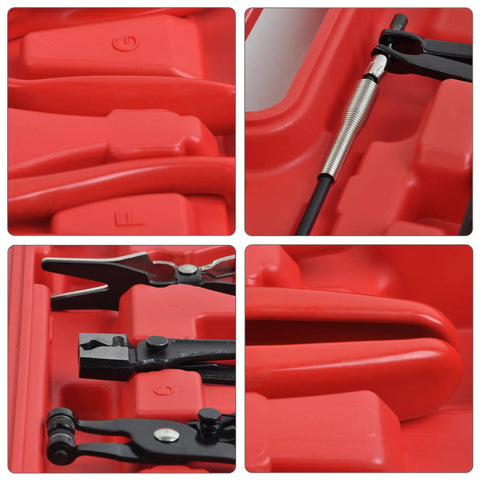 Close-up of 9 Piece Hose Clamp Pliers Set for Fuel, Oil, and Water Hoses with flexible wire in red plastic case