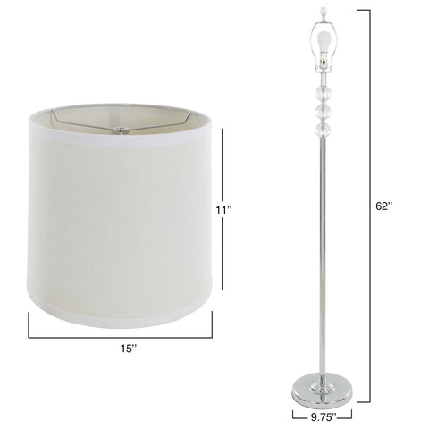 Three Piece Table And Floor Lamp Set With Faceted Crystal Orbs, Includes Three LED Bulbs, Modern Chrome Finish, Drum Shades, Ideal For Living Room Or Bedroom Decor, Sleek Modern Vibe With A Lit Touch, showing lamp dimensions