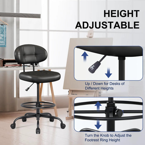 Ergonomic Drafting Chair With Footrest Ring For Standing Desk Setups Tall Armless Office Stool Faux Leather Adjustable Height