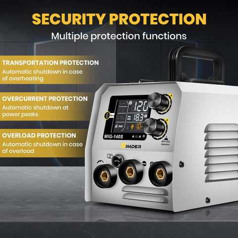 140A 3 In 1 MIG Flux Core Stick Lift TIG Welder With Dual Voltage 110V 220V IGBT Inverter displaying protection features