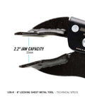 Close-up of Eight Inch Sheet Metal Locking Pliers Model 108 8 with flat jaw, showing 2.2-inch jaw capacity.