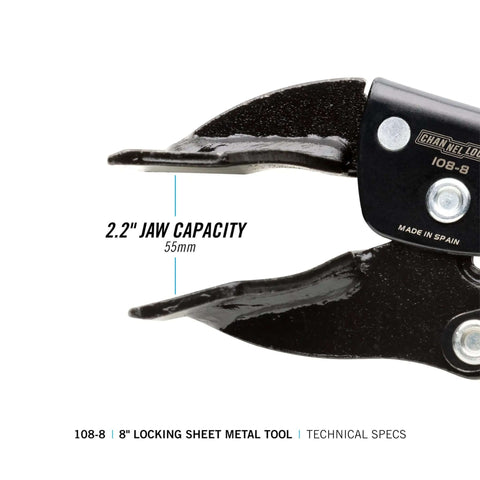 Close-up of Eight Inch Sheet Metal Locking Pliers Model 108 8 with flat jaw, showing 2.2-inch jaw capacity.