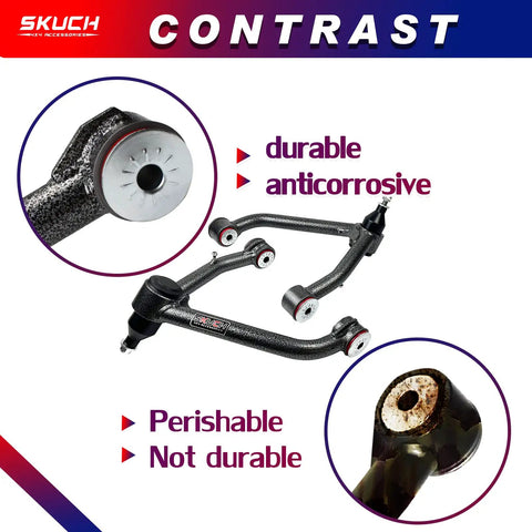 Two To Four Inch Front Upper Control Arm Lift Kit For 2007 To 2018 Chevy Silverado And GMC Sierra 1500, Suburban 1500, Tahoe Yukon XL, And Cadillac Escalade ESV With Factory Forged Steel Arms Only, durable coated arms