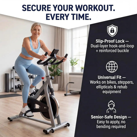 Woman using exercise bike with leg exerciser traction straps for under desk workouts, features include slip-proof lock, universal fit.