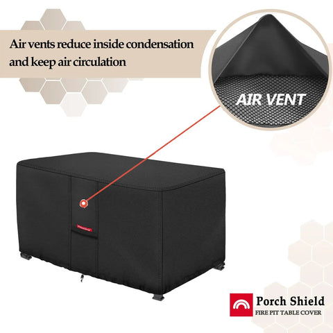 Close-up of black Waterproof 600D Rectangular Fire Pit Cover with air vents for 48 by 28 inch fire tables, enhancing air circulation.