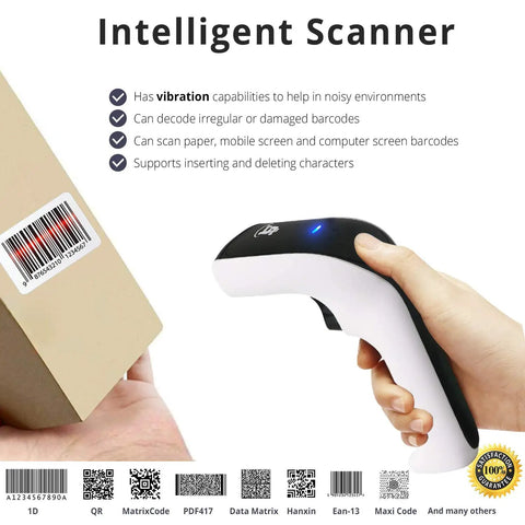 Wireless Portable 1D And 2D Barcode Scanner With Stand Bluetooth USB No Software Needed Rechargeable Battery Handheld unit.