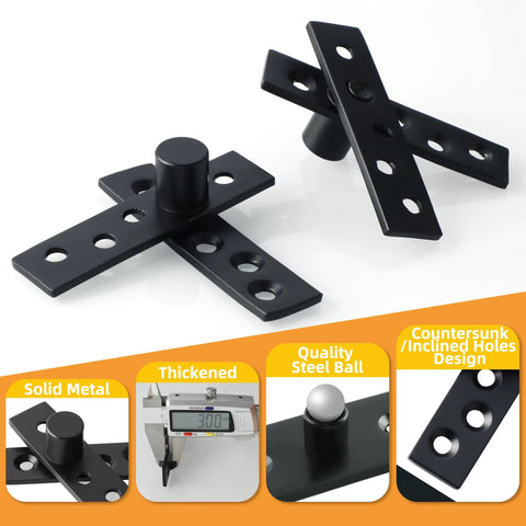 Heavy Duty 3 Inch Pivot Door Hinge Set With 360 Degree Rotation Offset Axis Concealed Hinges Up Down Shaft Stainless Steel Black Finish Pack Of 2 Ideal For High Traffic Homes And Offices shown disassembled on white background