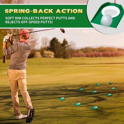 Golfer on course with 9 Pack Golf Putting Cups With Flags Indoor Outdoor Practice Set scattered on grass, spring-back action