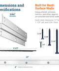 Dimensions and specs of Built To Last Heavy Duty Concrete And Brick Cleat Mount Kit showing cleats and screws with measurements.