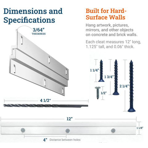 Dimensions and specs of Built To Last Heavy Duty Concrete And Brick Cleat Mount Kit showing cleats and screws with measurements.