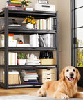 Beefy 5-Tier Heavy Duty Garage Shelving Unit With Adjustable Shelves All Metal Rack Holds Up To 2500 Lbs Great For Tools Bins And Bulk Items In Garage Workshop Basement Or Pantry 71H X 46W X 20D black metal shelving unit in living room with books, bins, and decor