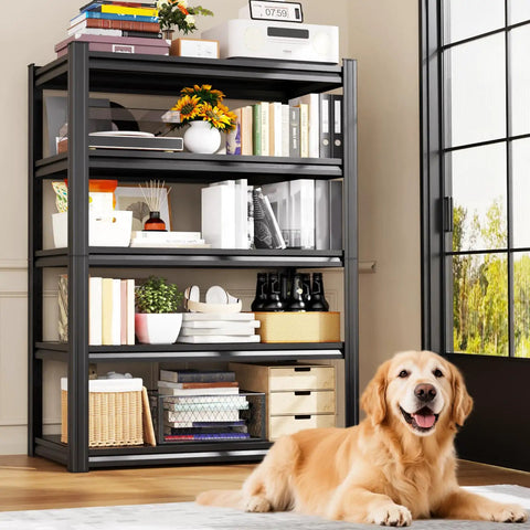 Beefy 5-Tier Heavy Duty Garage Shelving Unit With Adjustable Shelves All Metal Rack Holds Up To 2500 Lbs Great For Tools Bins And Bulk Items In Garage Workshop Basement Or Pantry 71H X 46W X 20D black metal shelving unit in living room with books, bins, and decor