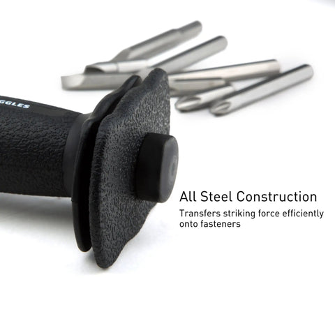 Close-up of Premium Manual Hammer Impact Driver Set For Brake Caliper Screws Reversible 1/2 Inch Drive Beefy All Steel Construction next to bits.