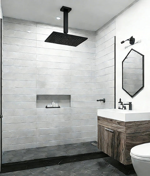 Modern bathroom with Square Shower Arm With Anti Scratch O Ring Flange 6 Inch Solid Brass Built To Last Ceiling Mount Extension Arm Matte Black Finish One Half NPT Tapered Threads Straight Shower Head Arm