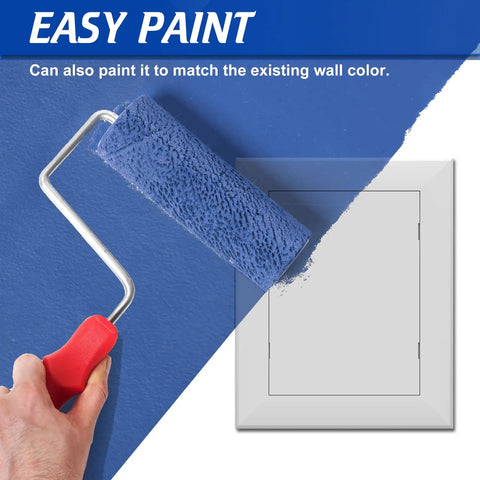 Person painting a No Drama Peel And Stick Drywall Access Panel 5 x 7 Inch Heavy Duty Plastic Plumbing Hole Cover White.