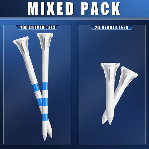 Three Prong Plastic Golf Tees 3-1/4 Inch Assorted Pack 100 Or 120 Count with ribbed design in mixed pack of driver and hybrid tees.