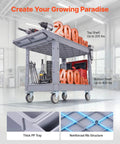 Heavy Duty Rolling Utility Cart 550 Lb Capacity, 2 Tier Service Cart With 360 Degree Swivel Wheels And Brakes On Two Front Casters, Built Tough Plastic Trays, Garage Workshop Organizer Gray, 2-tier gray PP tray cart with tools and 550 lb load labels